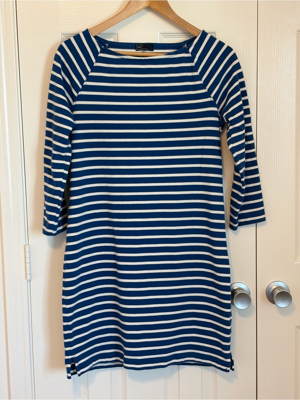 GAP Women's Size M Blue White Striped Boatneck Dress 3/4 Sleeve Cotton